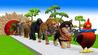 Paint & Animals Duck,Gorilla,Lion,Elephant,Cow,Tiger Fountain Crossing Transformation Animal Cartoon