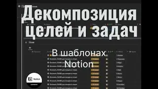 Процесс декомпозиции целей на три уровня. Цель — Подцель — Задача — Подзадача в шаблонах Notion.