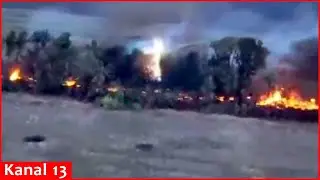 Moment when Ukrainian army set fire to the Russians hiding in forest with flamethrower drones