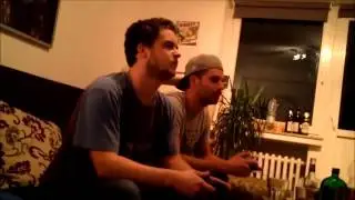 Angry gamer throw controller against TV and flips