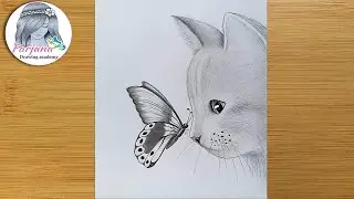 How to draw a cat with butterfly - pencil sketch for beginners ||  step by step drawing