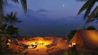 Camp Ambience with Campfire by the Sea | Ocean Waves, Crackling Fire and Cricket Sounds