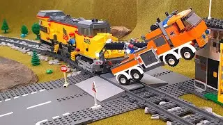 Lego train crash with several cars and trucks