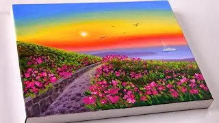 Sunset landscape painting in spring | Spring painting | Acrylic Painting