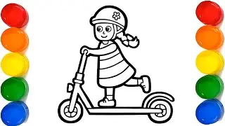 Drawing and Colouring A Girl Riding A Scooter 🛴🛵|| Scooter Drawing Easy|| Drawing for Kids.