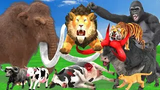 Giant LIon Tiger Big Bull vs Mammoth Elephant Gorilla Fight Cow Buffalo Saved By Woolly Mammoth