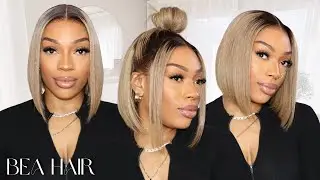 Half up half down style on this ash blonde color bob wig--beahairs.com