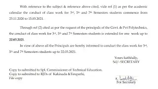 AP SBTET New Notification 2021 about Extension of Class Work Dates of 3rd,5th,7th Semesters Students