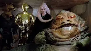 Jabba the Hutt show it his power to Princess Leia licking her