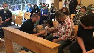 Methodist Hospital Stone Oak ICU nurses present teddy bears to Obregon children