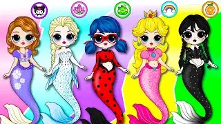 Disney Princess Elsa, Ladybug & Wednesday Glow Up into Mermaid Outfits! | Paper Doll