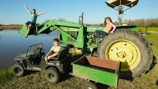 Using Tractors and Kids Truck to Haul Rocks | Tractors for kids