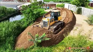 Wonderful Shantui Bulldozer Pushing Sand With Dongfeng Dump Trucks Dumping Sand Filling New Project