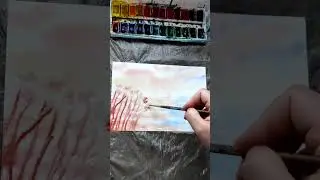 Мокрая быстрая акварель. Озеро, закат, камыш, рыбак 