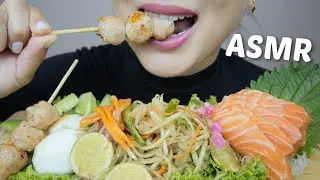 ASMR SPICY Papaya Salad with SALMON Sashimi and BBQ Pork Balls NO TALKING Food Sounds | N.E