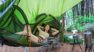 ☔CAMPING UNDER THE RAIN SHOWER WITH A NEW HAMMOCK TENTㅣNATURE ASMRㅣNIGHT CAT