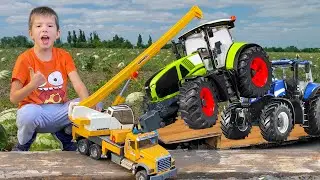 Rescue construction vehicles with crane truck | Tractors and car toy stories | Kidscoco Club