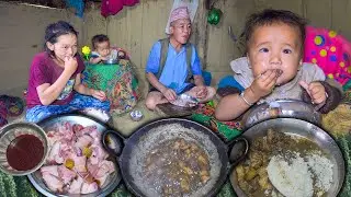 Pork & Blood Mix Recipe & Rice Cooing & eating | Traditional style Pig meat Recipe making in village