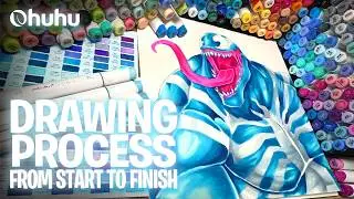 Drawing Venom with Ohuhu Markers - Creative Process from Sketch, Coloring to Final Illustration Art