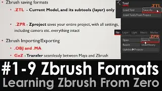 1-9 Zbrush Save Formats .ZTL and .ZPR, Zbrush Importing/Exporting  .OBJ, Zbrush 2020, .MA and GoZ