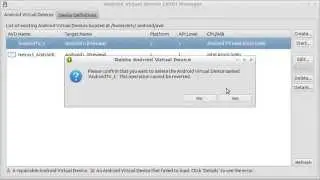 The Android Virtual Device is currently running in an emulator and cannot be deleted