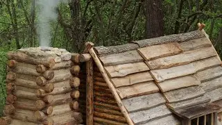 Building a Survival Cabin with Chimney-Fireplace & Wooden Roof in the Wilderness