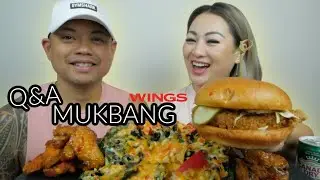 Q&A Mukbang WINGS Cheesy Nachos Sweet Thai & Buffalo with Homestyle Chicken Burger | N.E Let's Eat