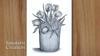 How to draw flowers in a vase step by step | Pencil Sketch for Beginners
