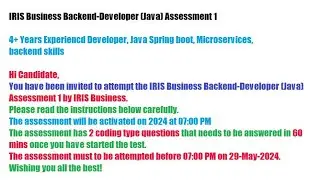 IRIS Business Backend Developer Java Assessment 1|HireHunch Team|May 2024|with Answers