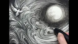 Celebrating 1,000 Subscribers! Easy Charcoal Art Tutorial of Moonlit Waves and Birds