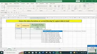 Return the date of previous or current Monday for a given date in Excel