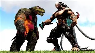 HYBRID GIGANTOTYRANNUS T-REXGIGANTOPITHECUS VS LINEAGE BAIUM DEMON BOSS (ARK SURVIVAL EVOLVED BATTLE