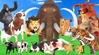 Giant Lion Fight Elephant Vs Tiger Zombie Bull Attack Cow Buffalo Saved by Woolly Mammoth Gorilla