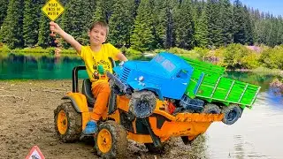 Damian and Darius ride Tractors in the mud learning traffic rules for kids