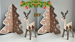 Super easy Christmas tree and a deer made of cardboard. New Year's decor.