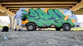 Graffiti throw, tagging, stickers, car and piece in Moscow city. Rebel813 2023 4K