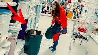 Mom and Den preted play hide and seek in supermarket