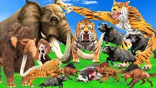 Giant Tiger Fight Elephant Vs Buffalo Vs Hyenas Attack Cow Cartoon Saved By Woolly Mammoth Elephant