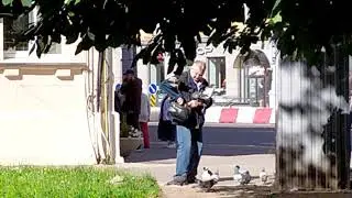 Любовь и голуби. Прямо на улице, мужчина кормит птиц прямо с рук. И даже со рта, как грудных питомце