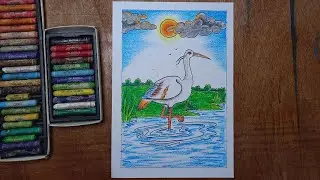 How to Draw a Beautiful Scenery with Oil Pastels, Easy Bird Drawing with Oil Pastels