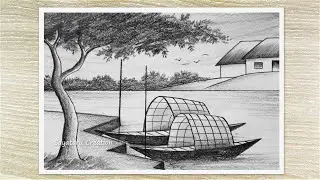 Riverside Village Scenery Drawing with Pencil, Easy Pencil Drawing for Beginners