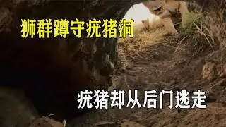 一群狮子守在疣猪洞口，疣猪却从后门逃走#神奇动物在抖音 #狮子