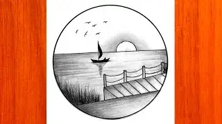Easy Circle Scenery drawing with pencil || Sea beach scenery drawing easy || Drawing for beginners