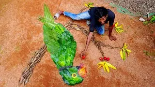 Drawing experiment with Different leafs |പച്ചില തത്ത 🦜| leaf art | parrot