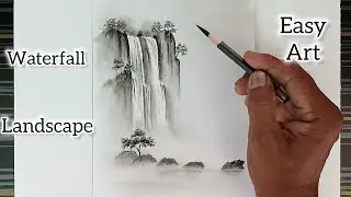 Waterfalls landscape scenery drawing by pencil with easy ways.