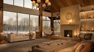 Warm Bedroom Ambience in Cozy Winter Day with Snowy ❄ Soft Jazz Music & Crackling Fireplace to Sleep