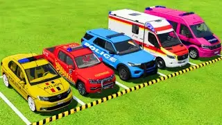 DACIA, VOLKSWAGEN, FORD POLICE CARS & MERCEDES AMBULANCE EMERGENCY VEHICLES TRANSPORTING ! FS22