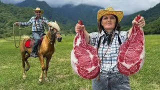 Tomahawk Ribeye Marble Steaks Roasting on Open Fire! Outdoors Cooking in the Beautiful Mountains