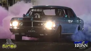 SUPERCHARGED XY FALCON "WIDE OPEN" SMASHING TYRES AT BURNOUT BOSS