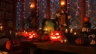 Cozy Halloween Ambience Room with Relaxing Fireplace Sounds & Rain on window